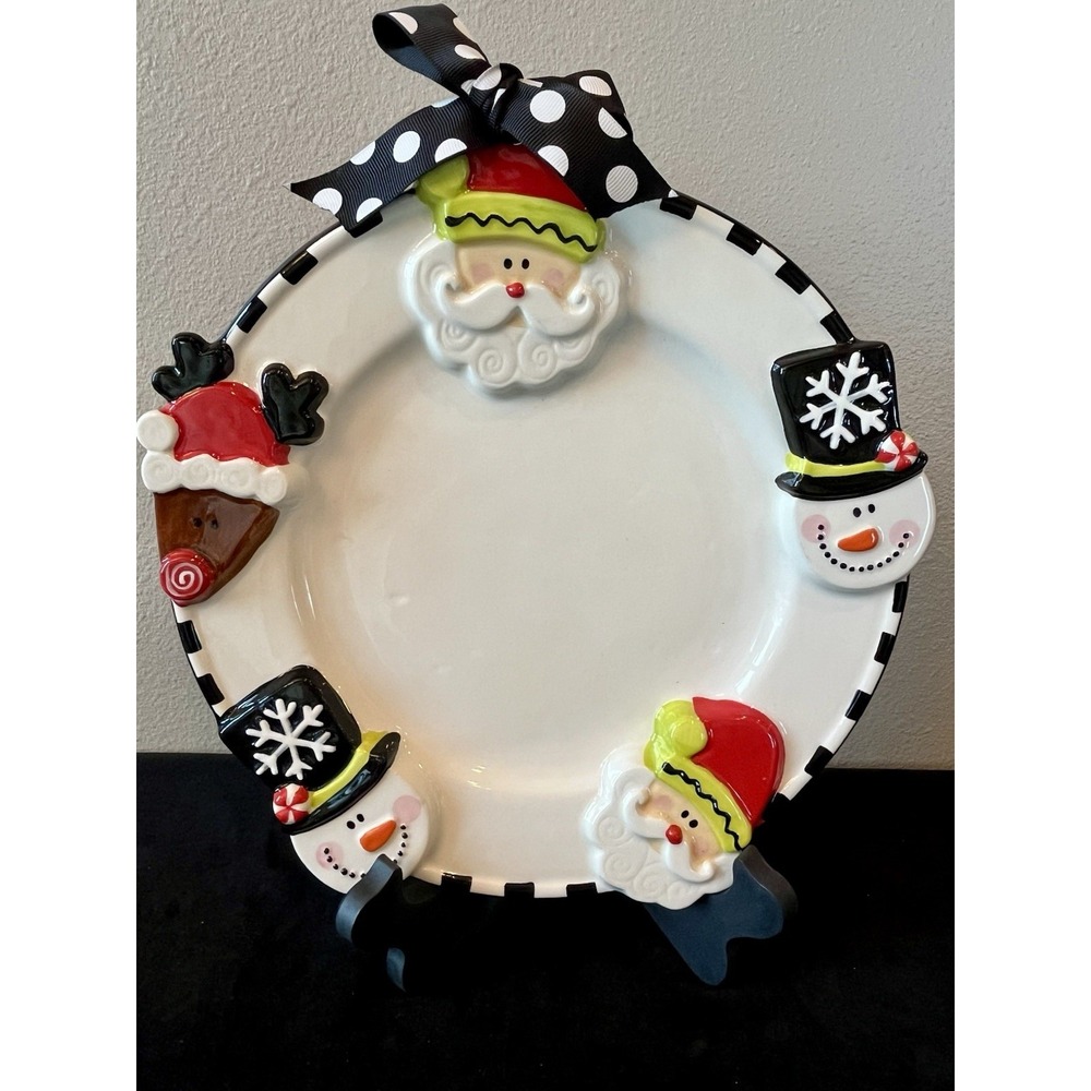Mud Pie Christmas Santa Snowman Reindeer Round Platter 2012 11.25" Holiday